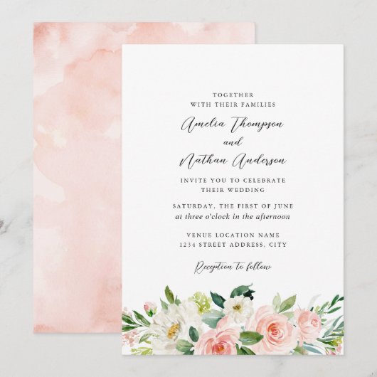 Invitation Mariage Botanique Rustique de Couleur Rose Pâle (Devant / Derrière)