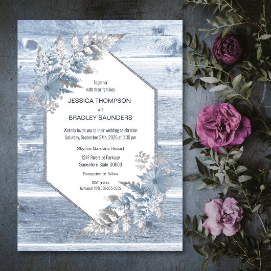Invitation Mariage botanique rustique Dusty Blue Wood