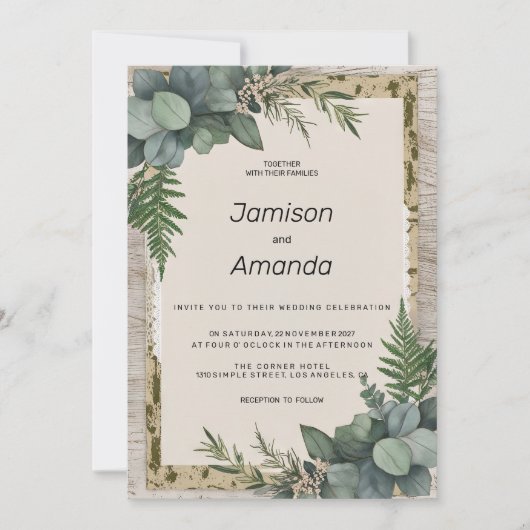 Invitation Mariage botanique rustique eucalyptus (Devant)