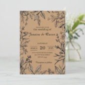 Invitation Mariage Botanique Rustique Papier Kraft Feuillage (Debout devant)