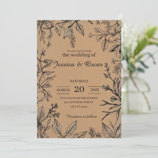 Invitation Mariage Botanique Rustique Papier Kraft Feuillage (Debout devant)