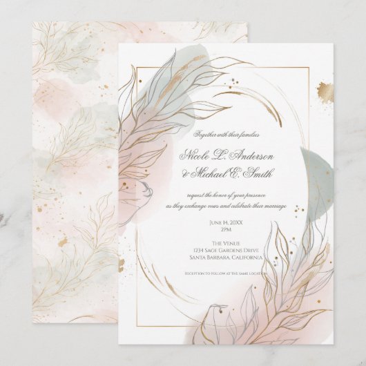 Invitation Mariage Botanique Sage Doré Et Rose (Devant / Derrière)