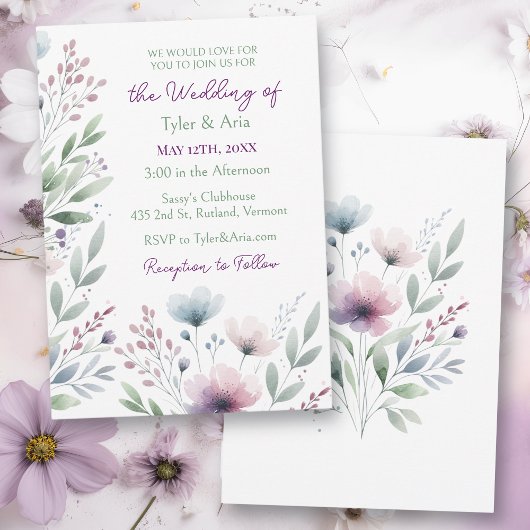 Invitation Mariage botanique Sage Green et Plum Purple