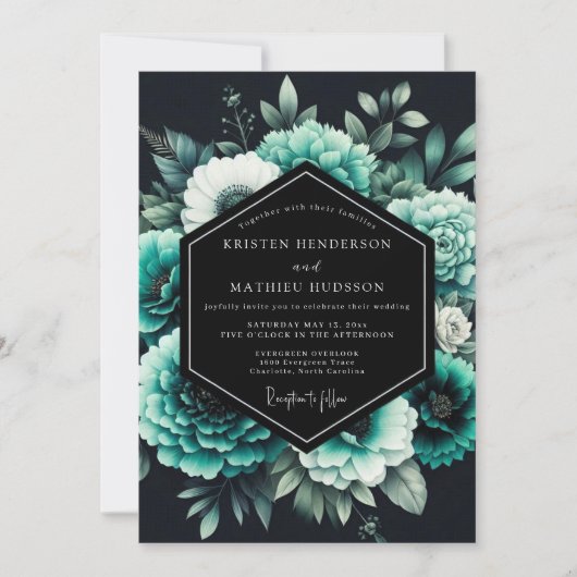 Invitation Mariage Botanique Sarcelle Noir (Devant)
