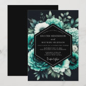 Invitation Mariage Botanique Sarcelle Noir (Devant / Derrière)