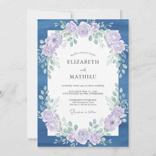 Invitation Mariage Botanique Séduisant Bleu Indigo (Devant)