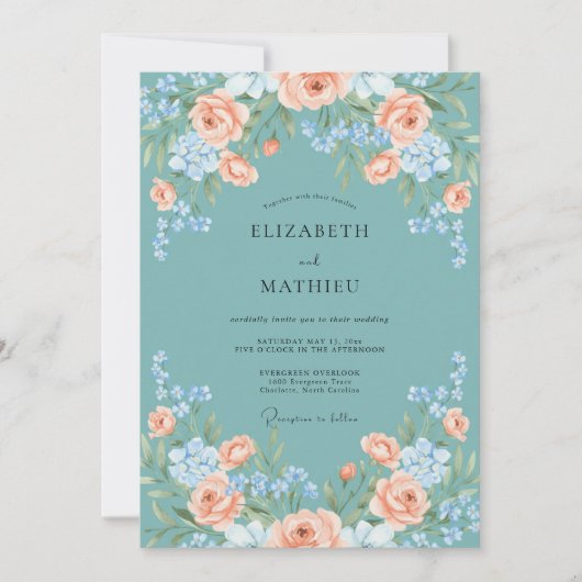 Invitation Mariage Botanique Seduisant de Teinte Turquoise (Devant)