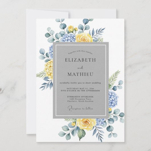 Invitation Mariage Botanique Sérène Bleu Jaune (Devant)
