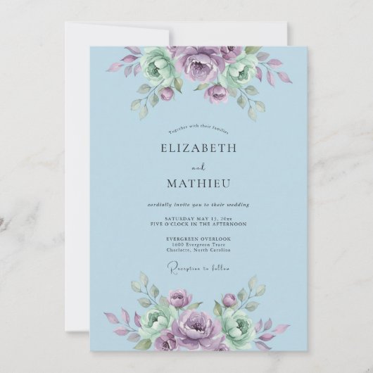 Invitation Mariage Botanique Sérénité Bleu Clair (Devant)