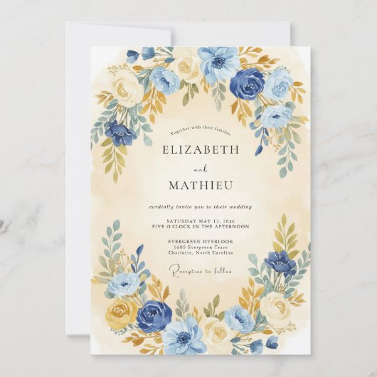 Invitation Mariage Botanique Sérénité Bleu Indigo (Devant)