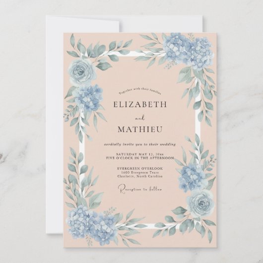Invitation Mariage Botanique Sérénité Bleu Pêche (Devant)