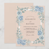 Invitation Mariage Botanique Sérénité Bleu Pêche (Devant / Derrière)