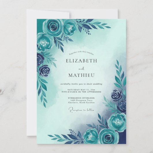Invitation Mariage Botanique Sérénité Bleu Turquoise (Devant)