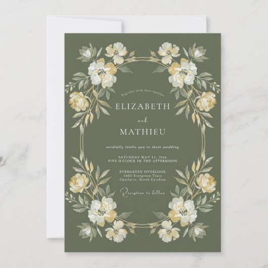 Invitation Mariage Botanique Solennel Vert Olive (Devant)