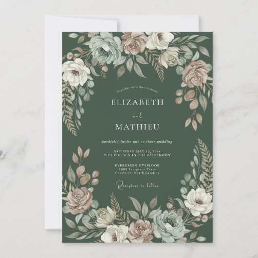 Invitation Mariage botanique somptueux vert foncé (Devant)