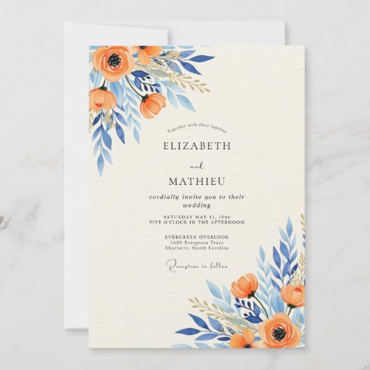 Invitation Mariage Botanique Splendide Azur Orange (Devant)