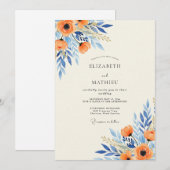 Invitation Mariage Botanique Splendide Azur Orange (Devant / Derrière)