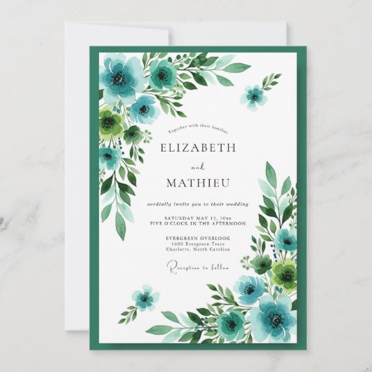 Invitation Mariage Botanique Splendide Bleu Canard (Devant)