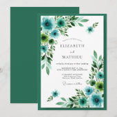 Invitation Mariage Botanique Splendide Bleu Canard (Devant / Derrière)