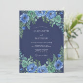 Invitation Mariage Botanique Splendide Bleu Nuit (Debout devant)