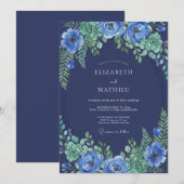 Invitation Mariage Botanique Splendide Bleu Nuit (Devant / Derrière)