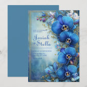 Invitation Mariage Botanique Stardust Cobalt Orchidée Dorée (Devant / Derrière)