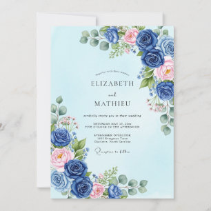 Invitation Mariage botanique sublime bleu marine de printemps