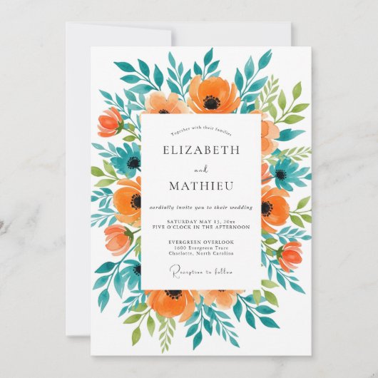 Invitation Mariage Botanique Sublime d'Été Orange (Devant)