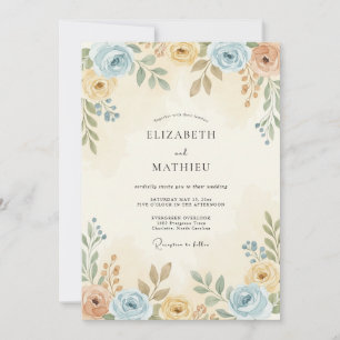 Invitation Mariage Botanique Subtil Bleu Poussiéreux