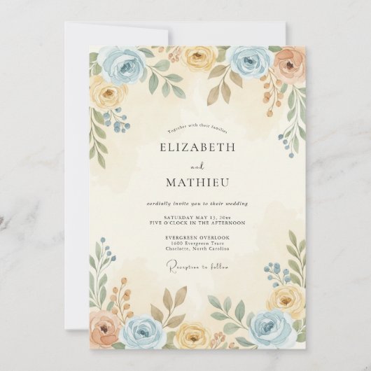 Invitation Mariage Botanique Subtil Bleu Poussiéreux (Devant)