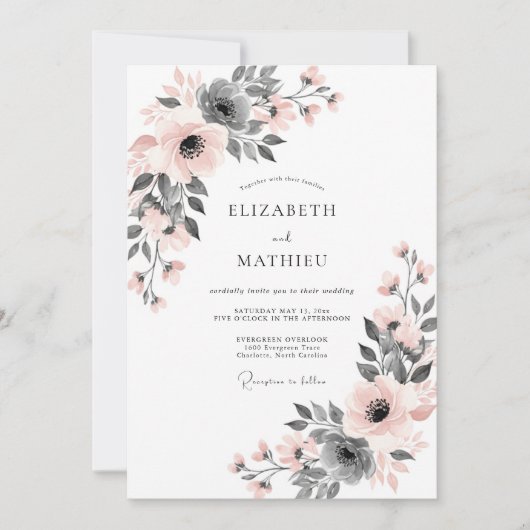 Invitation Mariage Botanique Subtil Rose Pâle (Devant)