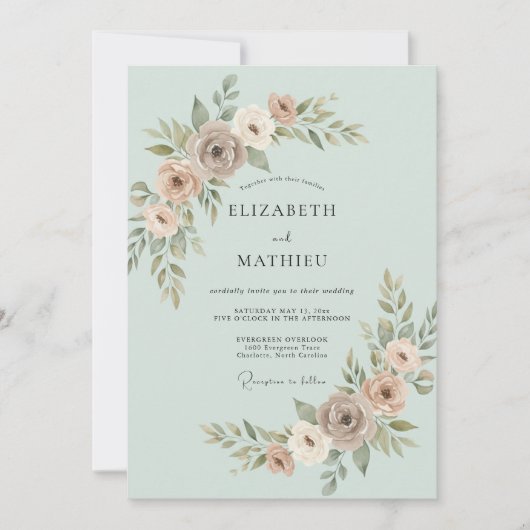 Invitation Mariage Botanique Subtil Vert Menthe (Devant)