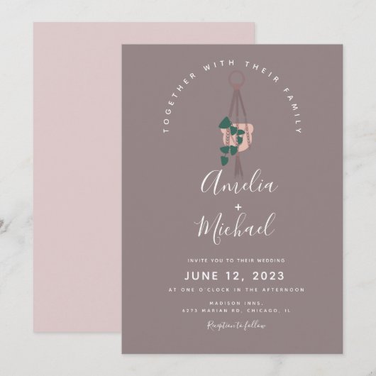 Invitation Mariage botanique suspendu en macramé de plante mo (Devant / Derrière)