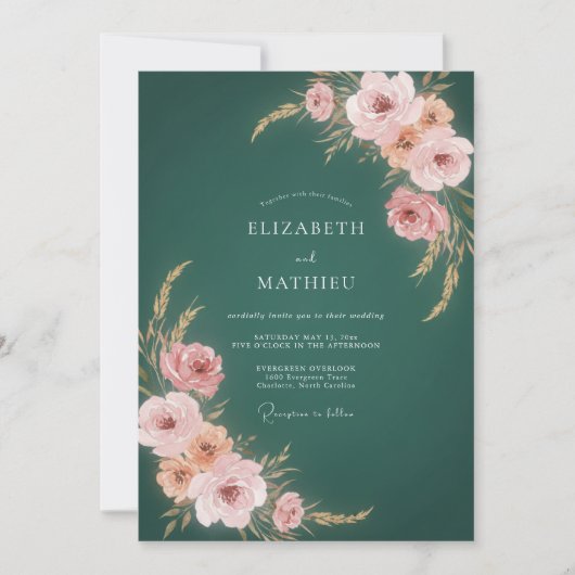 Invitation Mariage Botanique Teinte de Rose Turquoise (Devant)