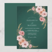 Invitation Mariage Botanique Teinte de Rose Turquoise (Devant / Derrière)