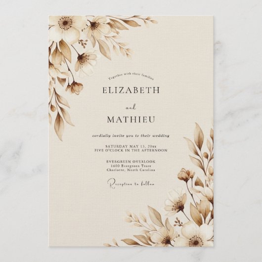 Invitation Mariage Botanique Terne Sépia (Devant)