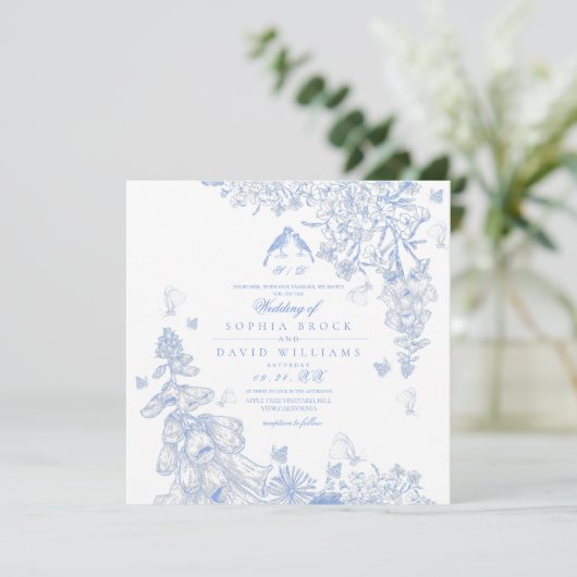 Invitation Mariage Botanique Toile Bleu Blanc (Debout devant)