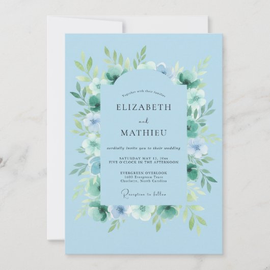 Invitation Mariage Botanique Tranquille Bleu Cyan (Devant)