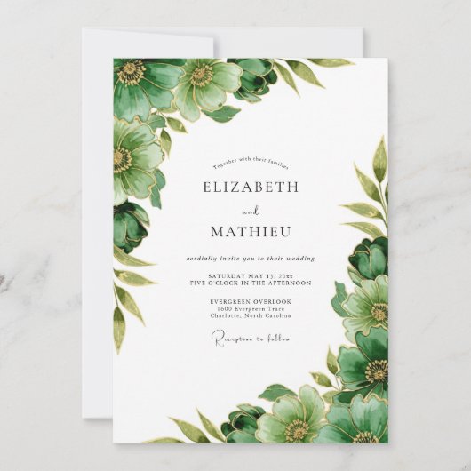 Invitation Mariage Botanique Tranquille Vert Émeraude (Devant)