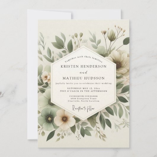 Invitation Mariage Botanique Tranquille Vert Sauge (Devant)