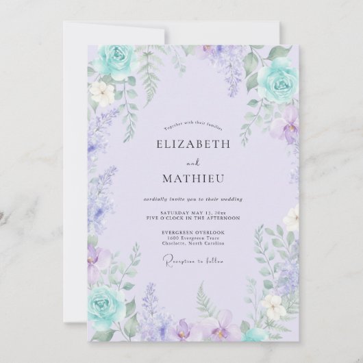 Invitation Mariage Botanique Turquoise Lavande (Devant)