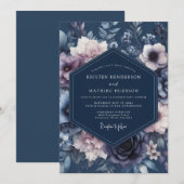 Invitation Mariage Botanique Velouté Bleu Marine (Devant / Derrière)