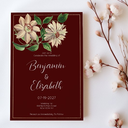 Invitation Mariage botanique vert blanc bordeaux