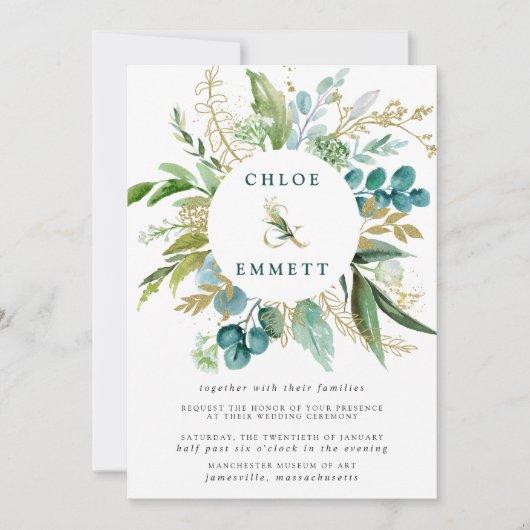 Invitation Mariage botanique vert blanc et or (Devant)