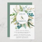 Invitation Mariage botanique vert blanc et or (Devant / Derrière)