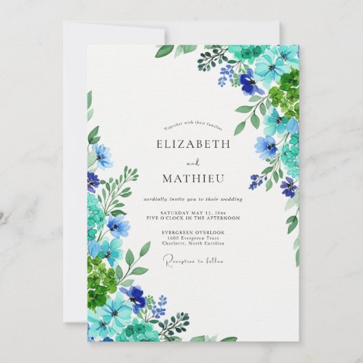 Invitation Mariage Botanique Vert Bleu Vif (Devant)