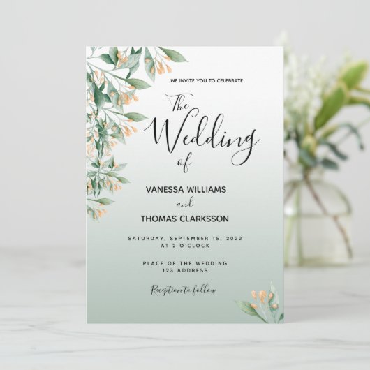 Invitation Mariage botanique vert doré Sage (Debout devant)