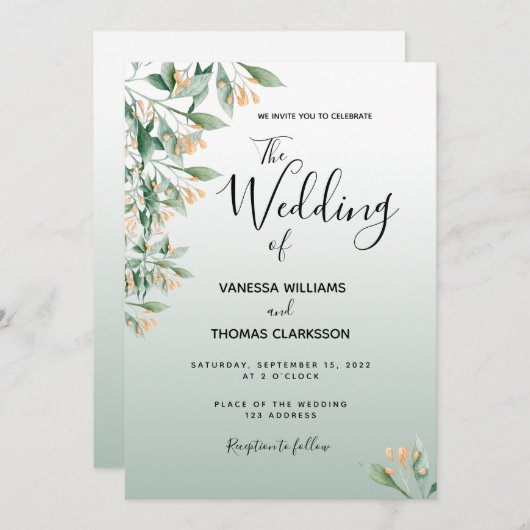 Invitation Mariage botanique vert doré Sage (Devant / Derrière)