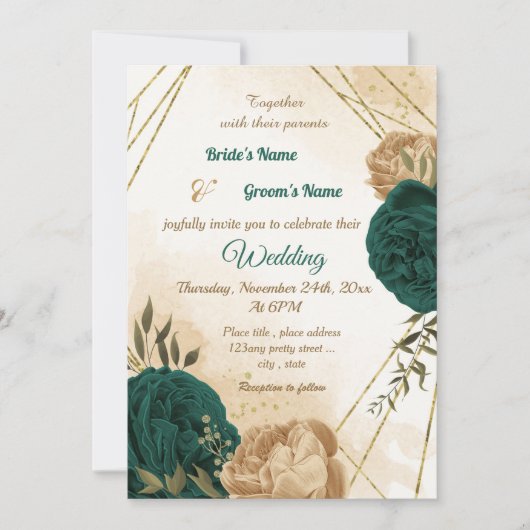 Invitation Mariage botanique vert émeraude beige or (Devant)