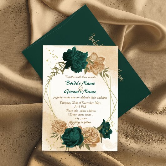 Invitation Mariage botanique vert émeraude beige or